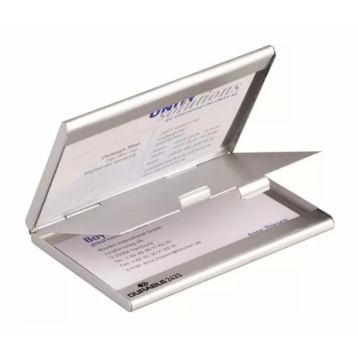 Névjegykártyatartó tárca, fém, 20 db-os, DURABLE "CARD BOX DUO", ezüst