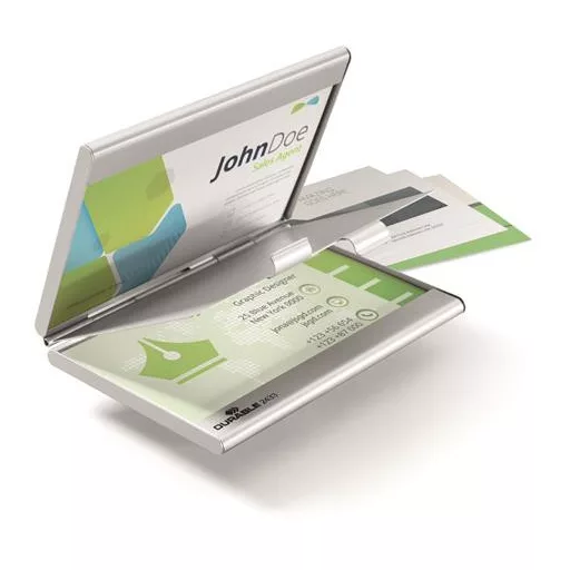 Névjegykártyatartó tárca, fém, 20 db-os, DURABLE "CARD BOX DUO", ezüst