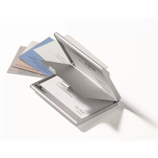 Névjegykártyatartó tárca, fém, 20 db-os, DURABLE "CARD BOX DUO", ezüst
