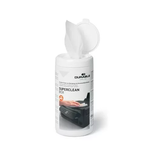 Tisztítókendő, műanyag felületre, 100 db, DURABLE "SUPERCLEAN BOX 100"