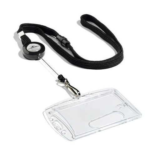 Azonosítókártya-tartó, kihúzható, patentos, fekete nyakba akasztóval, DURABLE