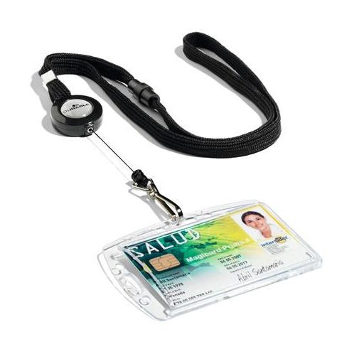 Azonosítókártya-tartó, kihúzható, patentos, fekete nyakba akasztóval, DURABLE