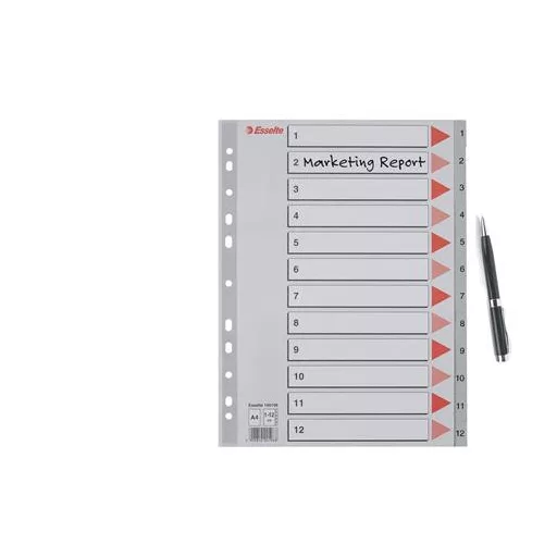 Regiszter, műanyag, A4, 1-12, ESSELTE, szürke