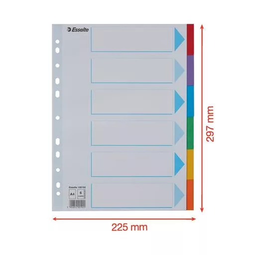 Regiszter, karton, A4, 6 részes, írható előlappal, ESSELTE "Standard", színes