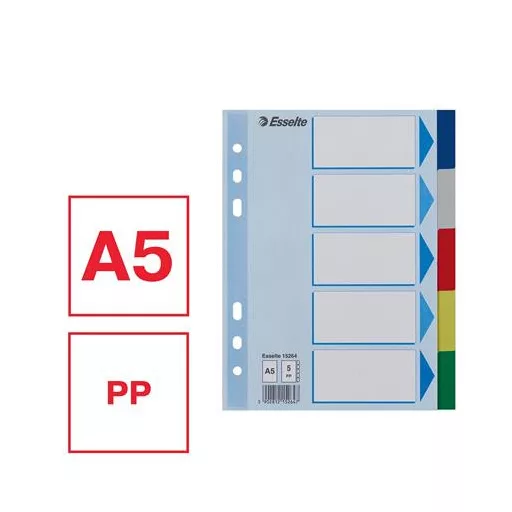 Regiszter, műanyag, A5, 5 részes, ESSELTE, színes