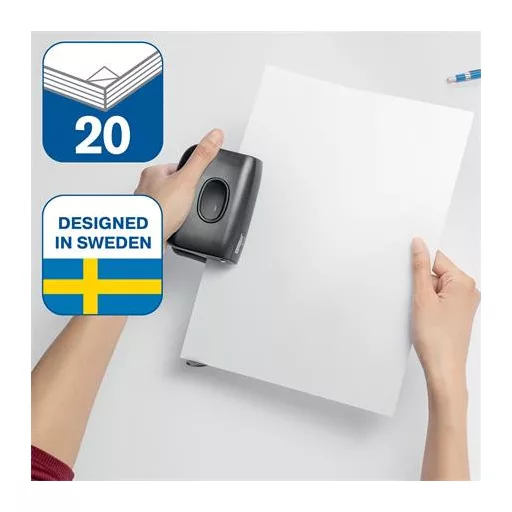 Lyukasztó, kétlyukú, újrahasznosított, 20 lap, RAPID "Eco 20", fekete