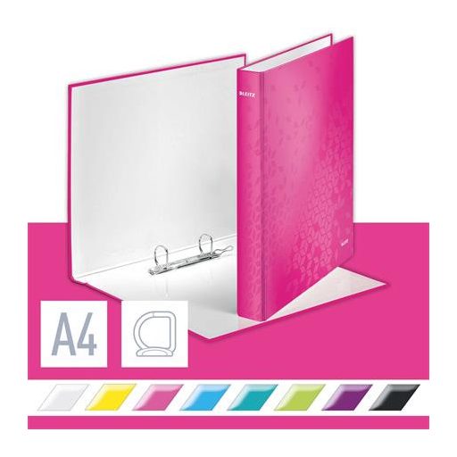 Gyűrűs könyv, 2 gyűrű, D alakú, 40 mm, A4 Maxi, karton, LEITZ "Wow", rózsaszín