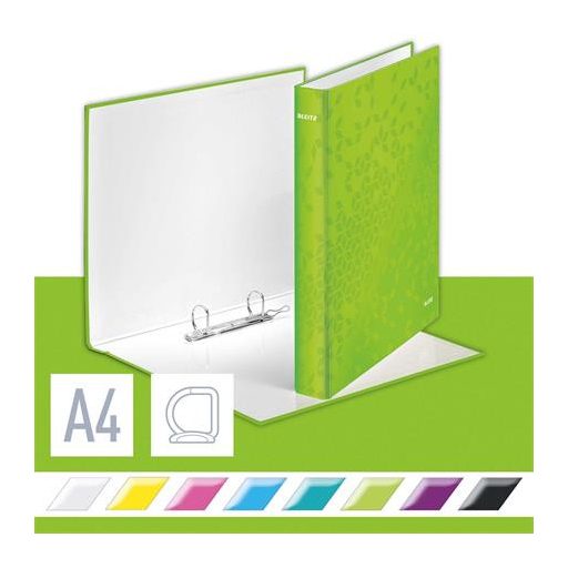 Gyűrűs könyv, 2 gyűrű, D alakú, 40 mm, A4 Maxi, karton, LEITZ "Wow", zöld