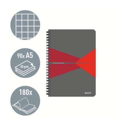 Spirálfüzet, A5, kockás, 90 lap, laminált karton borító, LEITZ "Office", szürke-piros
