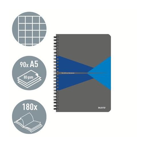Spirálfüzet, A5, kockás, 90 lap, laminált karton borító, LEITZ "Office", szürke-kék