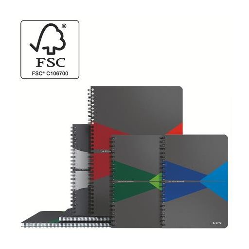 Spirálfüzet, A5, kockás, 90 lap, laminált karton borító, LEITZ "Office", szürke-zöld