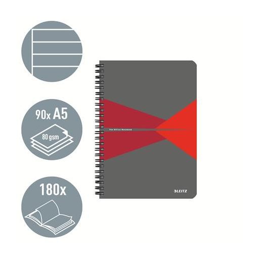 Spirálfüzet, A5, vonalas, 90 lap, laminált karton borító, LEITZ "Office", szürke-piros