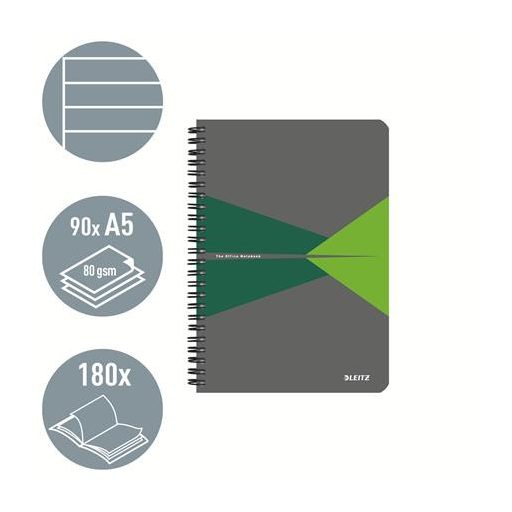 Spirálfüzet, A5, vonalas, 90 lap, laminált karton borító, LEITZ "Office", szürke-zöld