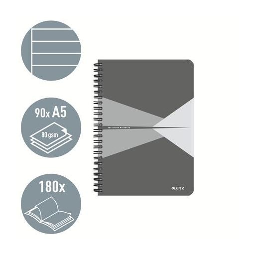 Spirálfüzet, A5, vonalas, 90 lap, laminált karton borító, LEITZ "Office", szürke