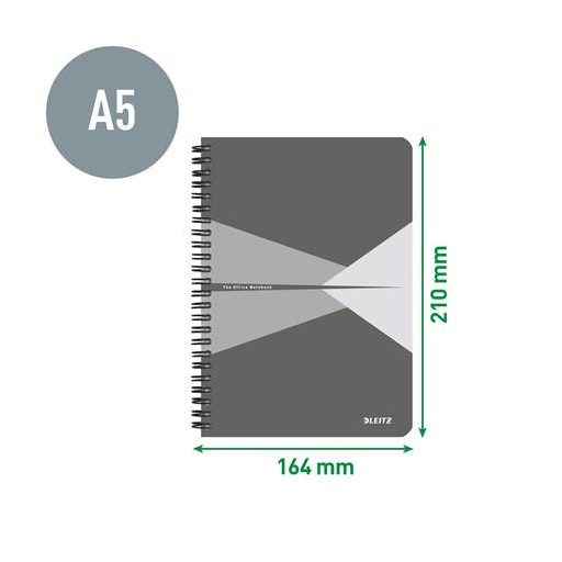 Spirálfüzet, A5, vonalas, 90 lap, laminált karton borító, LEITZ "Office", szürke