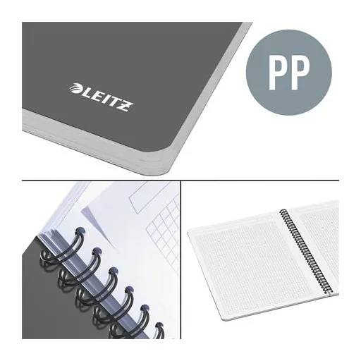 Spirálfüzet, A4, kockás, 90 lap, PP borító, LEITZ "Office", szürke-kék