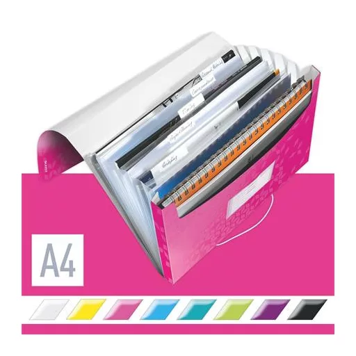 Harmonikamappa, A4, PP, 6 rekeszes, LEITZ "Wow", rózsaszín