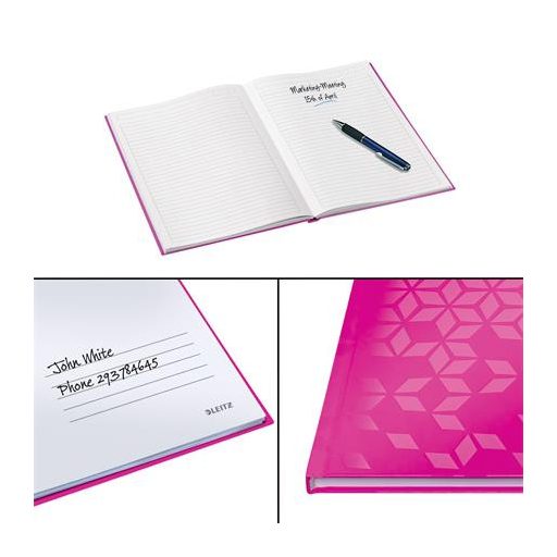 Beíró, A4, vonalas, 80 lap, keményfedeles, LEITZ "Wow", rózsaszín