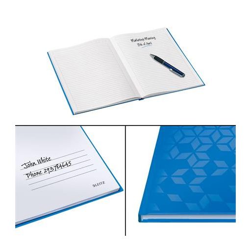 Beíró, A4, vonalas, 80 lap, keményfedeles, LEITZ "Wow", kék