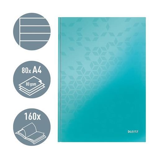 Beíró, A4, vonalas, 80 lap, keményfedeles, LEITZ "Wow", jégkék