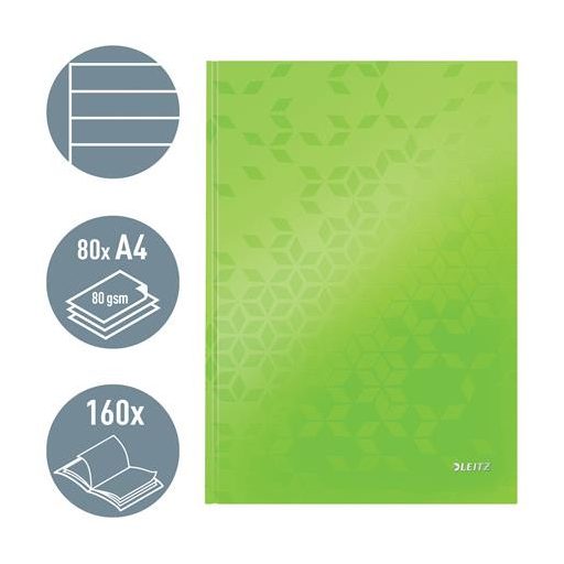 Beíró, A4, vonalas, 80 lap, keményfedeles, LEITZ "Wow", zöld