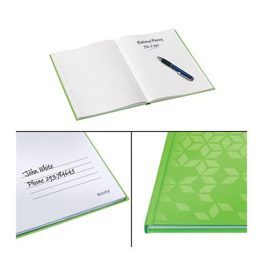 Beíró, A4, vonalas, 80 lap, keményfedeles, LEITZ "Wow", zöld