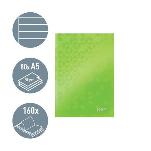 Beíró, A5, vonalas, 80 lap, keményfedeles, LEITZ "Wow", zöld