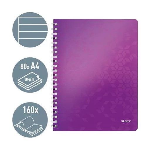 Spirálfüzet, A4, vonalas, 80 lap, LEITZ "Wow", lila