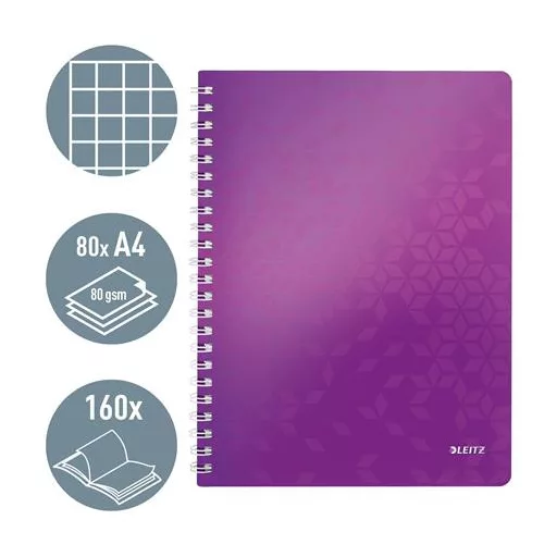 Spirálfüzet, A4, kockás, 80 lap, LEITZ "Wow", lila