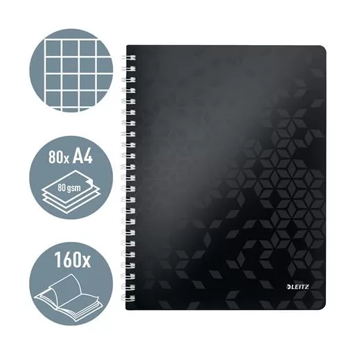 Spirálfüzet, A4, kockás, 80 lap, LEITZ "Wow", fekete