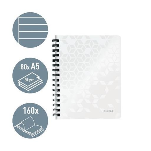Spirálfüzet, A5, vonalas, 80 lap, LEITZ "Wow", fehér
