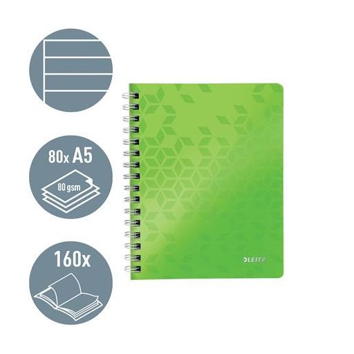Spirálfüzet, A5, vonalas, 80 lap, LEITZ "Wow", zöld