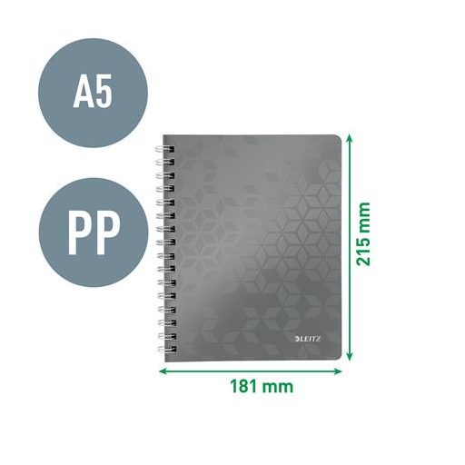 Spirálfüzet, A5, vonalas, 80 lap, LEITZ "Wow", zöld