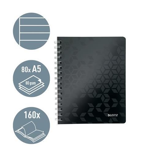 Spirálfüzet, A5, vonalas, 80 lap, LEITZ "Wow", fekete