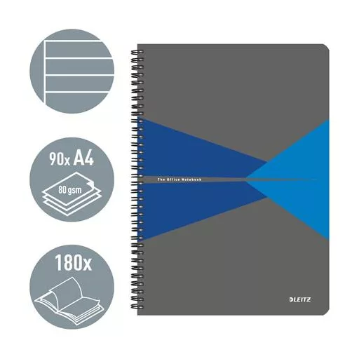 Spirálfüzet, A4, vonalas, 90 lap, laminált karton borító, LEITZ "Office", szürke-kék