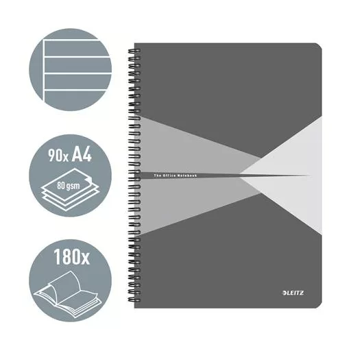 Spirálfüzet, A4, vonalas, 90 lap, laminált karton borító, LEITZ "Office", szürke