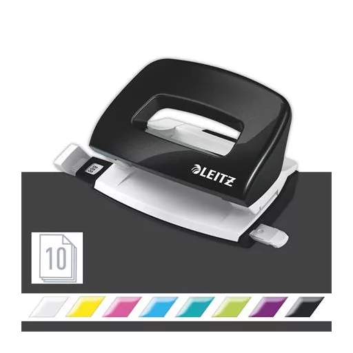 Lyukasztó, kétlyukú, 10 lap, fém, mini, LEITZ "Nexxt Wow", fekete