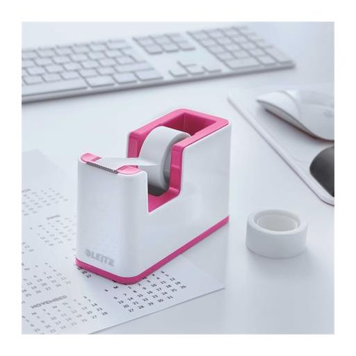 Ragasztószalag-adagoló, asztali, feltöltött, LEITZ "Wow", fehér-rózsaszín