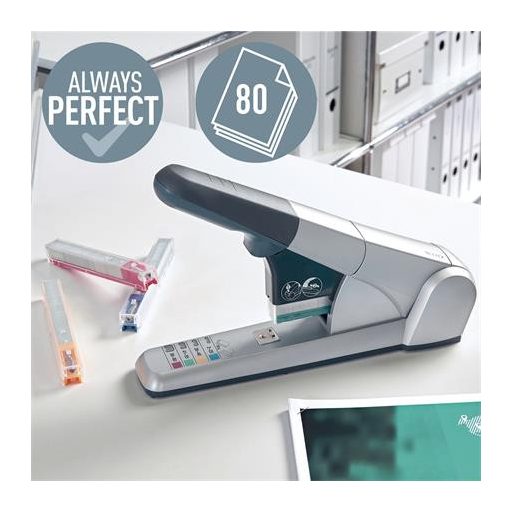 Tűzőgép, nagyteljesítményű, 80 lap, LEITZ "5551", ezüst