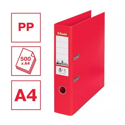 Iratrendező, 75 mm, A4, PP, élvédő sínnel, ESSELTE "Standard", Vivida piros