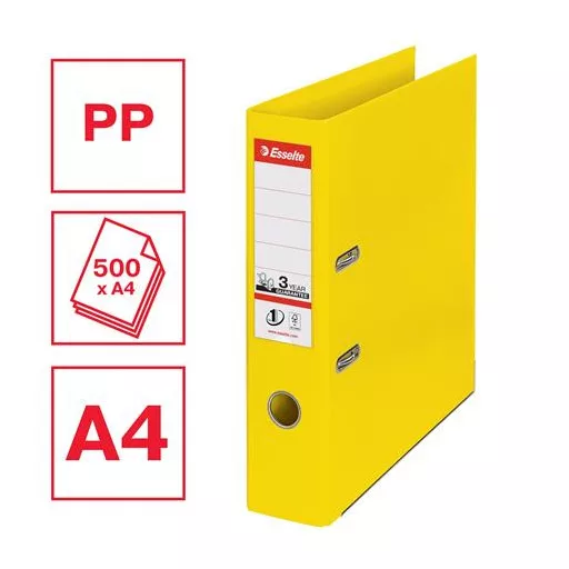 Iratrendező, 75 mm, A4, PP, élvédő sínnel, ESSELTE "Standard", Vivida sárga
