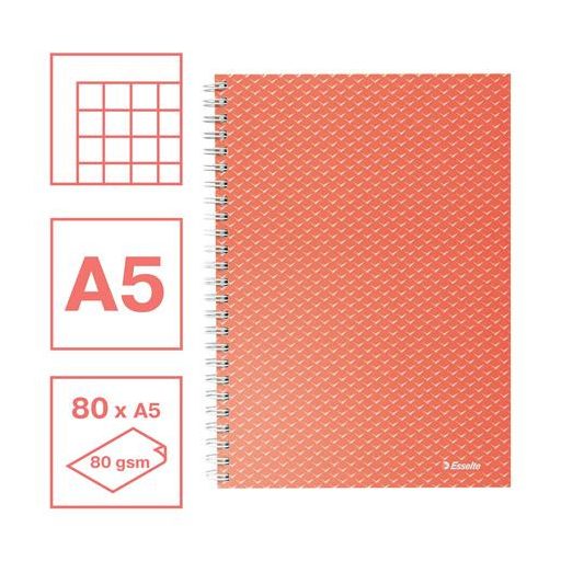 Spirálfüzet, A5, kockás, 80 lap, ESSELTE "Colour'Breeze", korall