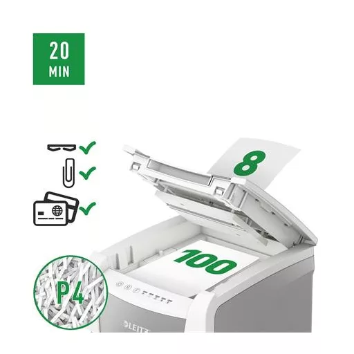 Iratmegsemmisítő, konfetti, 100 lap, LEITZ "IQ AutoFeed SmallOffice 100 P4 Pro"