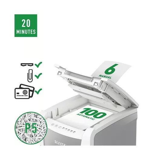 Iratmegsemmisítő, mikrokonfetti, 100 lap, LEITZ "IQ AutoFeed SmallOffice 100 P5 Pro"