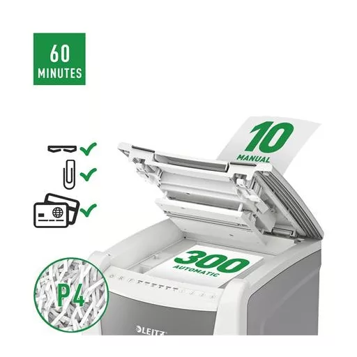 Iratmegsemmisítő, konfetti, 300 lap, LEITZ "IQ AutoFeed Office 300 P4 Pro"