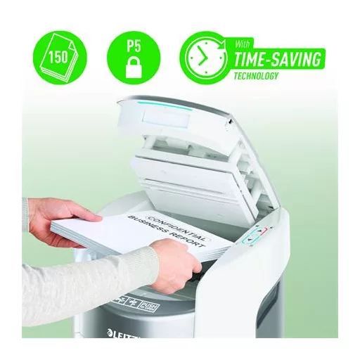 Iratmegsemmisítő, mikrokonfetti, 150 lap, LEITZ "IQ OptiMax Autofeed Home Office 150 P5"