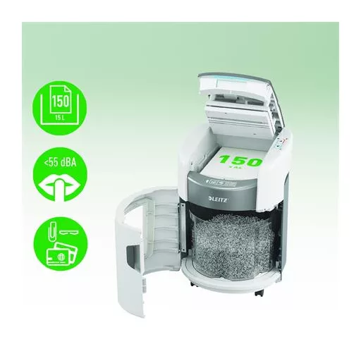 Iratmegsemmisítő, mikrokonfetti, 150 lap, LEITZ "IQ OptiMax Autofeed Home Office 150 P5"