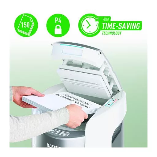 Iratmegsemmisítő, konfetti, 150 lap, LEITZ "IQ OptiMax Autofeed Home Office 150 P4"