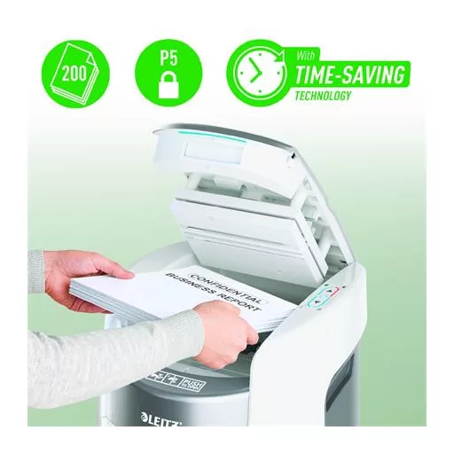 Iratmegsemmisítő, mikrokonfetti, 200 lap, LEITZ "IQ OptiMax Autofeed Small Office 200 P5"