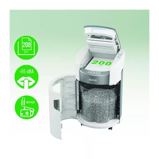 Iratmegsemmisítő, konfetti, 200 lap, LEITZ "IQ OptiMax Autofeed Small Office 200 P4"